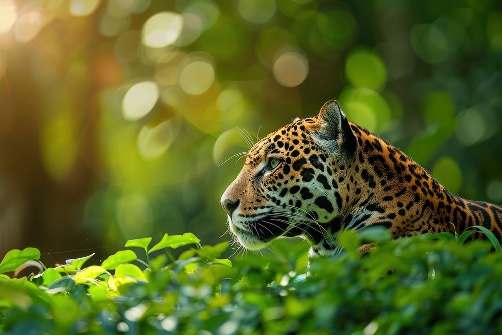 Green background Sun light wildlife panther leopard.