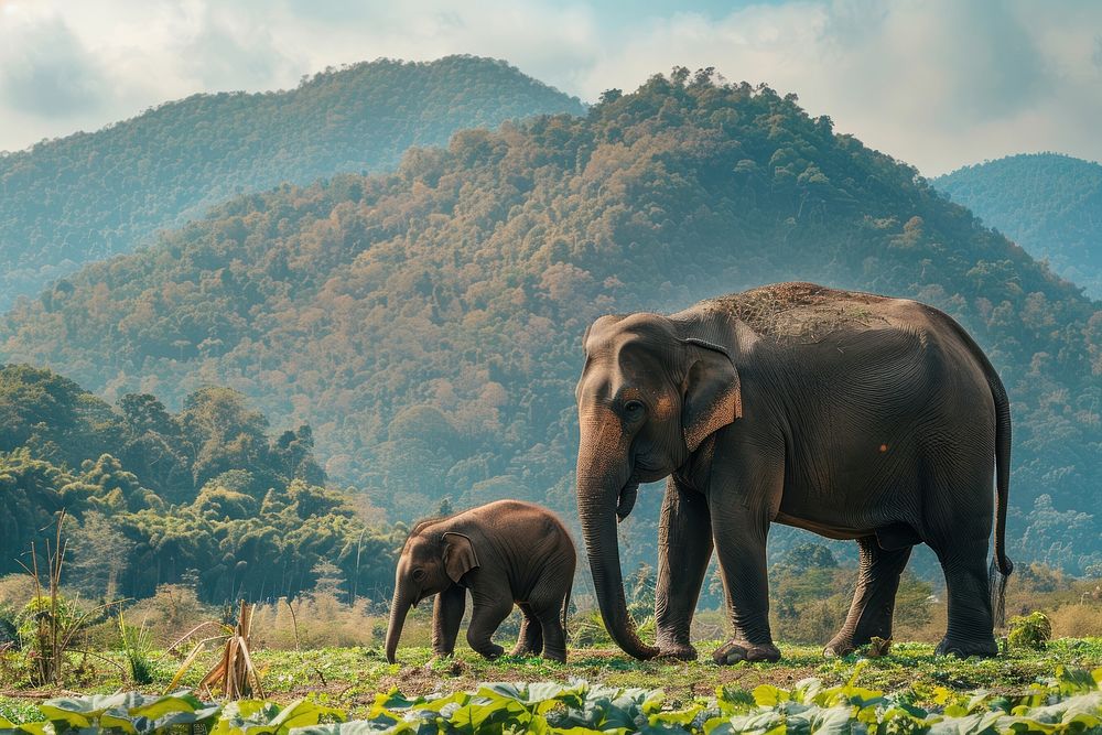Elephant mother and baby wildlife nature vegetation.