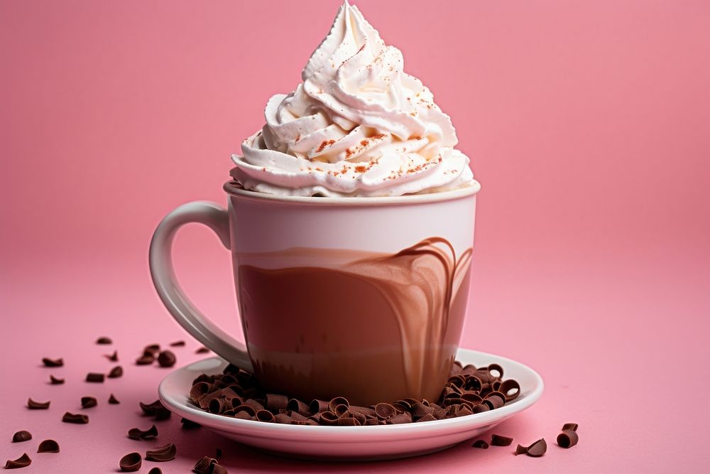 Hot chocolate with whip cream dessert creme food.