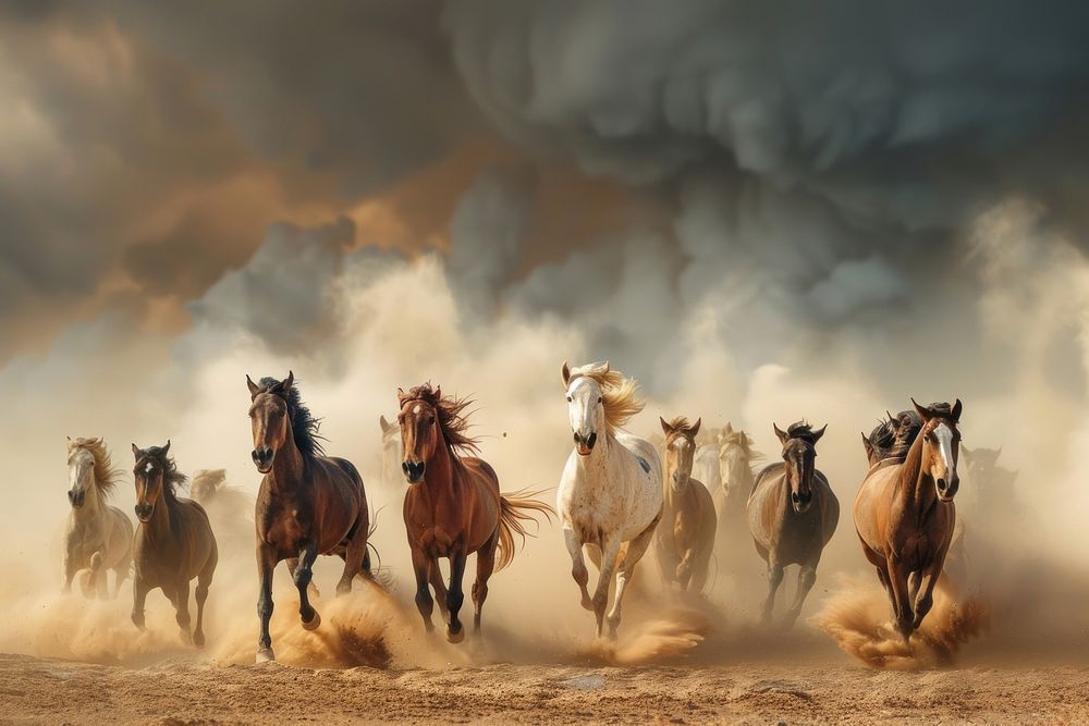 Horse herd run in desert sand storm horse outdoors animal.