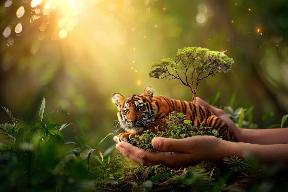 Loaf Ecology Human hands protecting the wild and wild animals wildlife tiger tree.