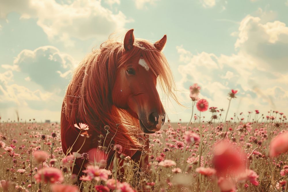 Red horse with long mane in flower field sky countryside asteraceae.