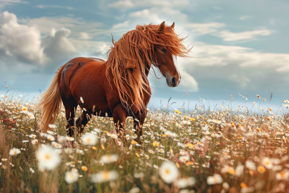 Red horse with long mane in flower field grassland outdoors stallion.