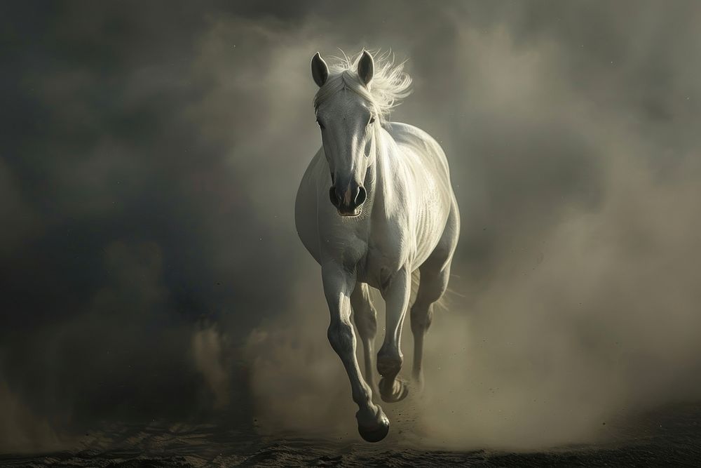 White horse in dust stallion animal mammal.