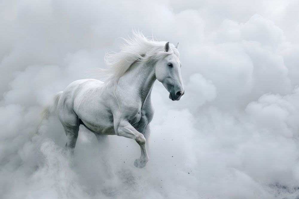 White horse rearing in light smoke stallion animal mammal.