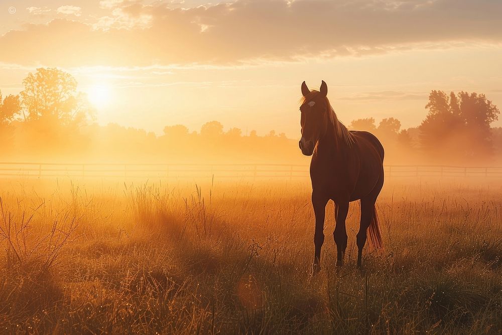 Thoroughbred horses walking in a field backlighting recreation sunlight.