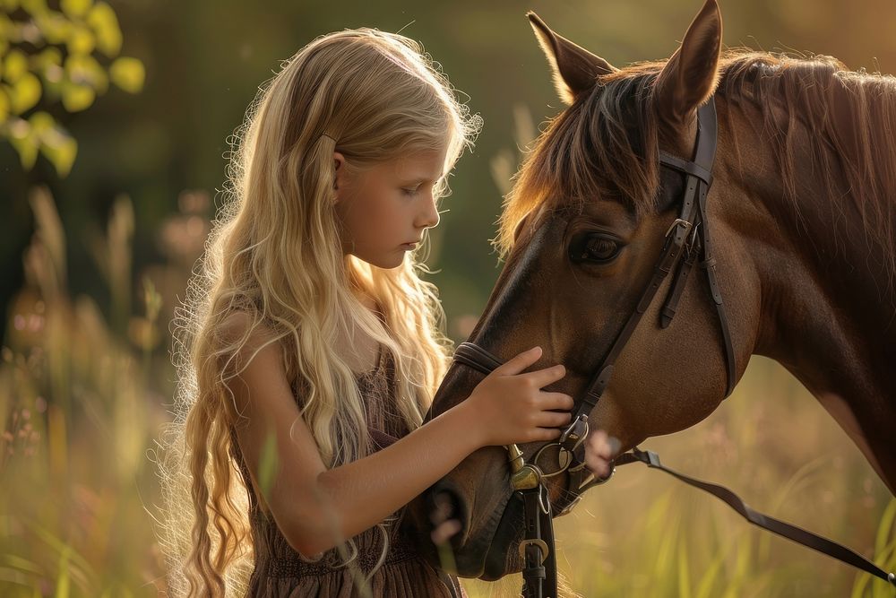 Young blonde girl stroking a brown horse recreation female person.