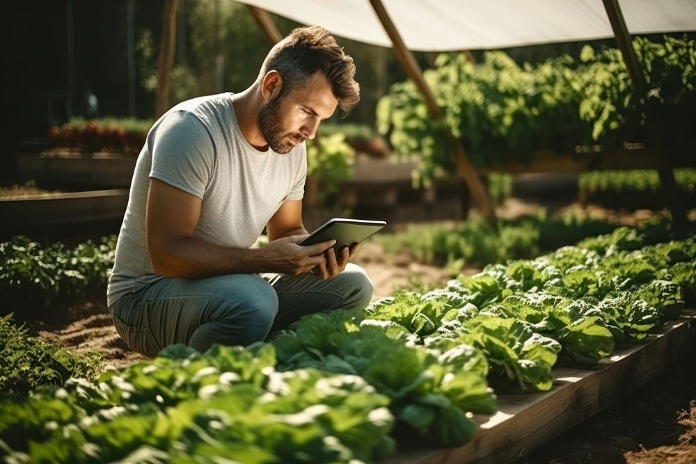 Vegetable plot in his backyard checking quality by tablet vegetable electronics computer.