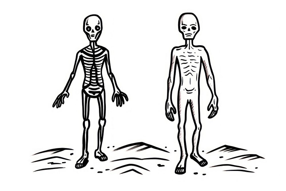 Ink drawing aliens illustrated skeleton person.