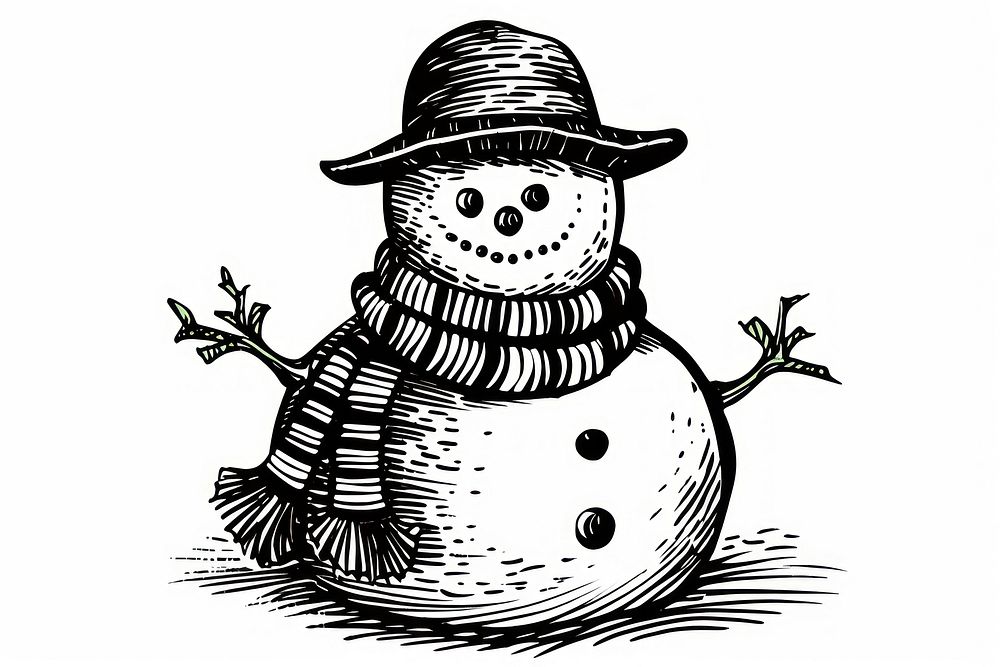Ink drawing snowman illustrated outdoors nature.