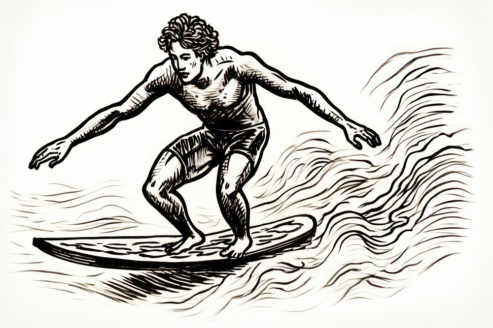 Ink drawing surfing illustrated recreation outdoors.
