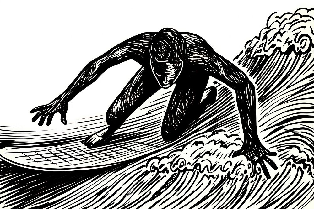 Ink drawing surfing recreation outdoors wildlife.
