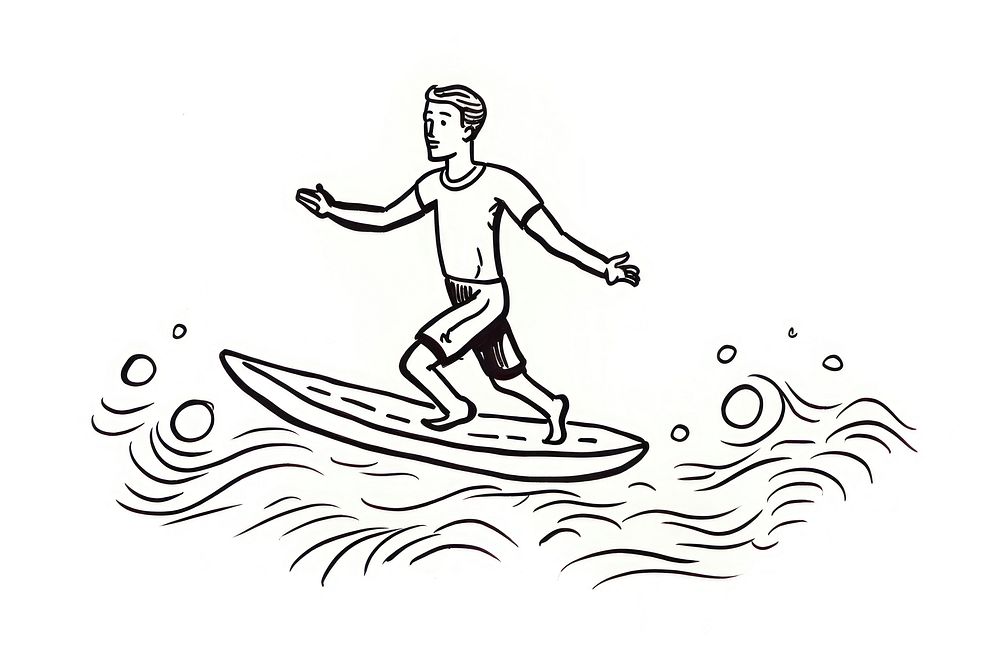 Ink drawing surfing illustrated recreation outdoors.