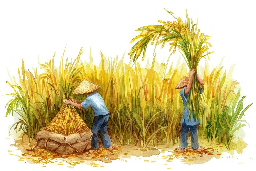 Farmers tying up and carrying sheaf next to some rice countryside agriculture accessories.
