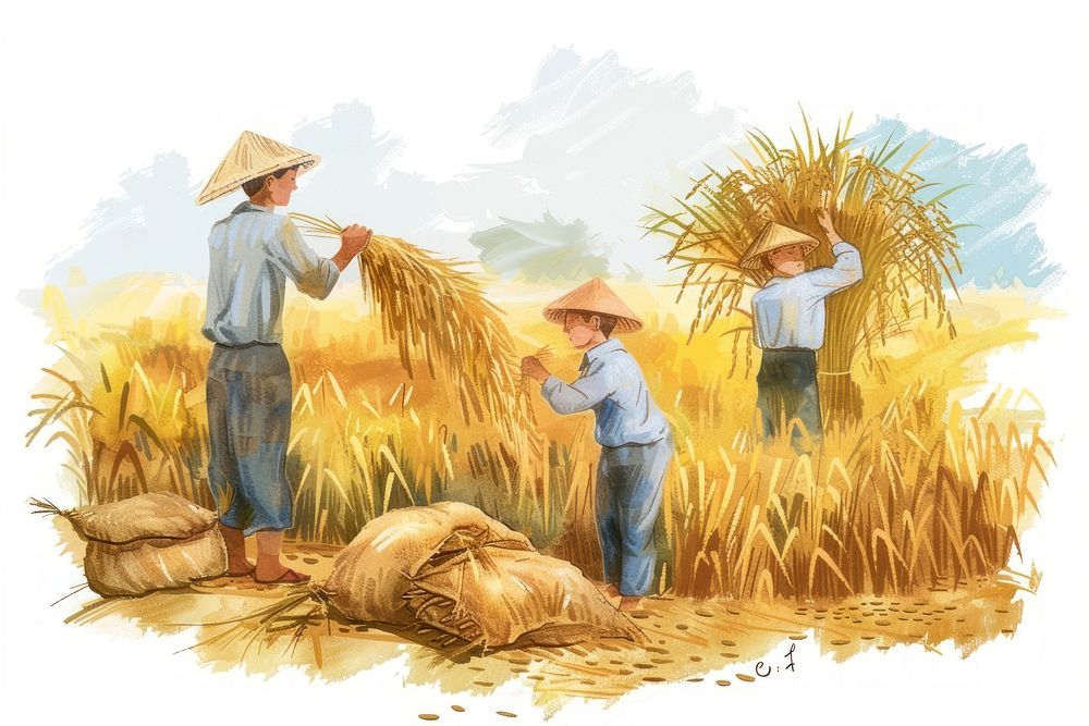 Farmers tying up and carrying sheaf next to some rice grain countryside agriculture.