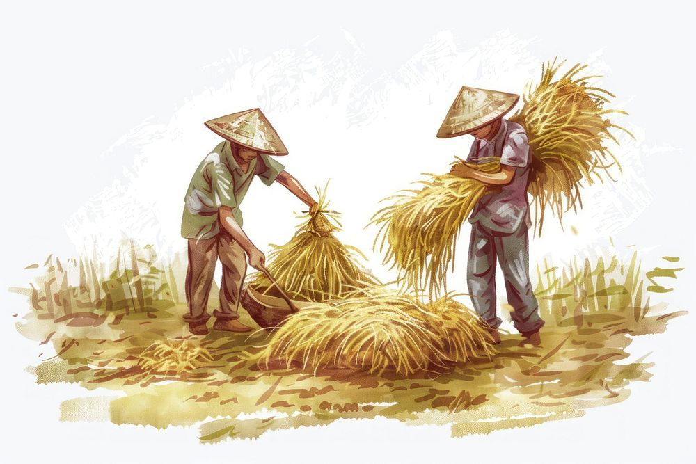 Farmers tying up and carrying sheaf next to some rice countryside agriculture outdoors.