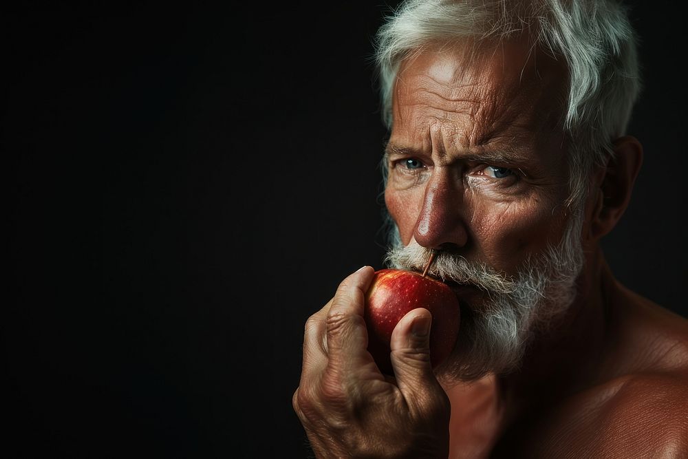 Healthy elder muscle man portrait eating photo.