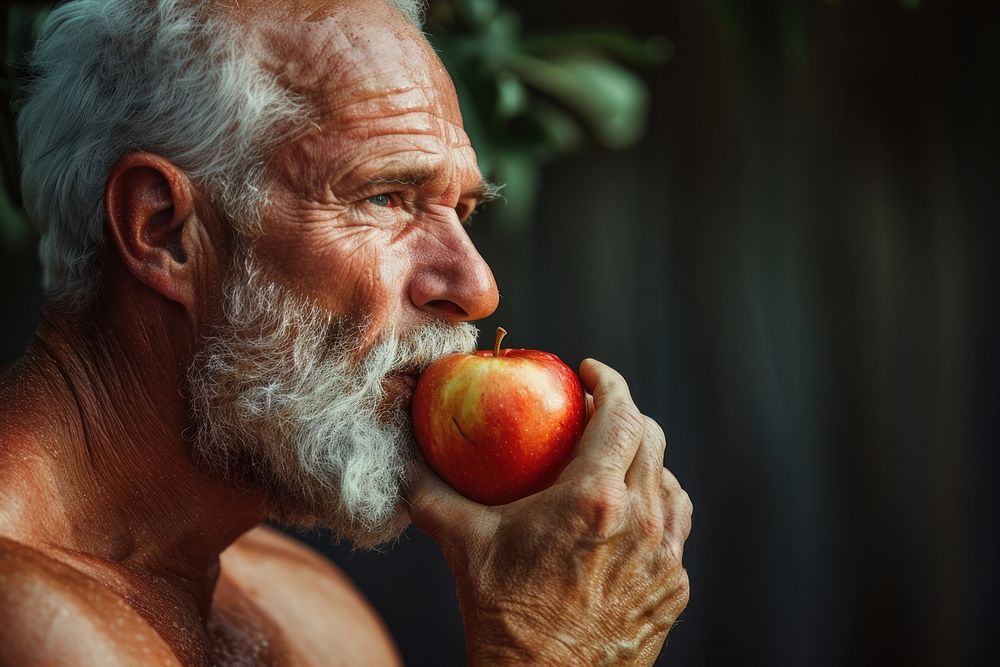 Healthy elder muscle man eating apple produce.