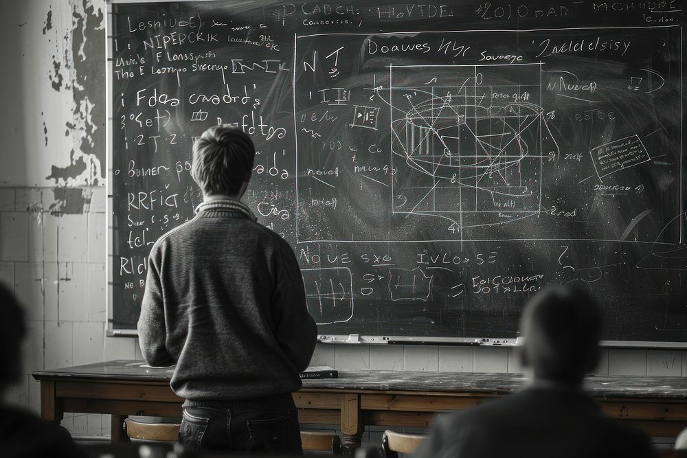 Drawing mathematics on black board blackboard furniture person.