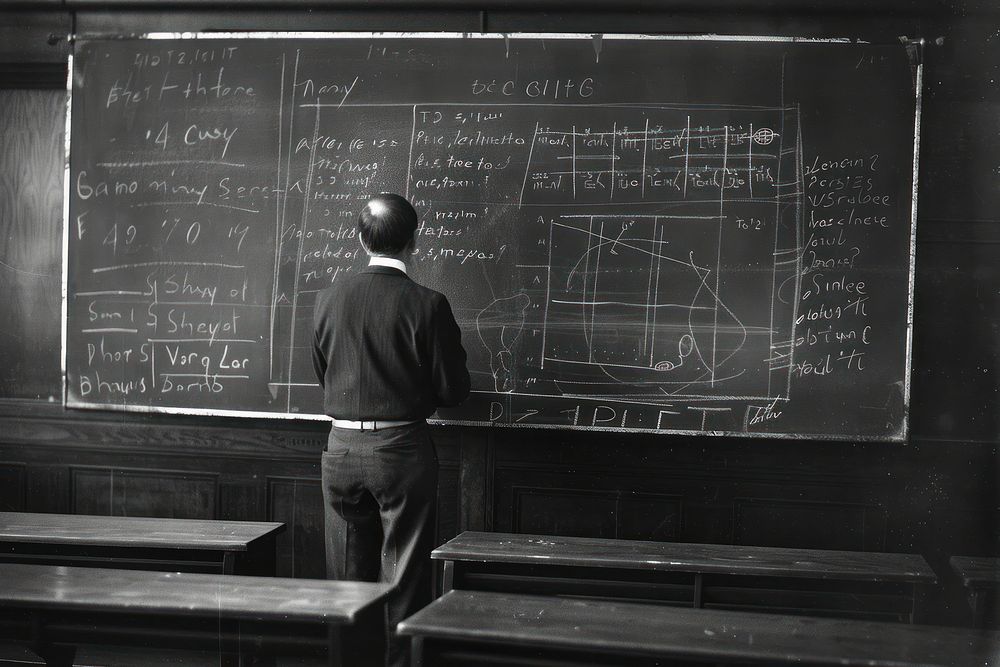 Drawing mathematics on black board blackboard furniture person.