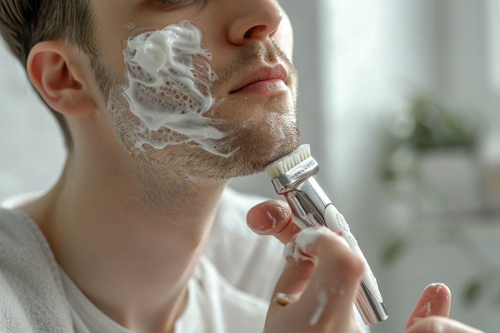 Person shaving person cosmetics device.