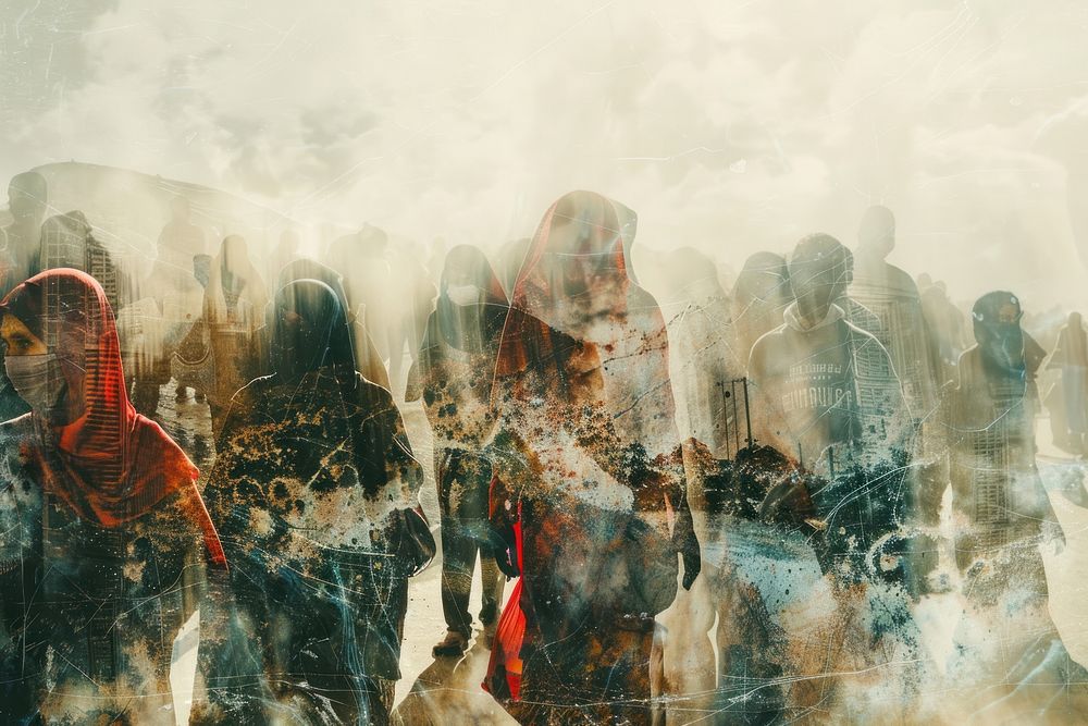 Double Exposure Effect Photography Refugee rights concept painting clothing footwear.