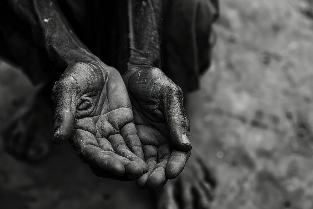 Close-up into the hands of a poor person who opens his hand to beg for alms in an atmosphere of poverty finger tattoo human.
