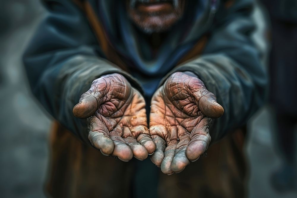 Close-up into the hands of a poor person who opens his hand to beg for alms in an atmosphere of poverty finger tattoo human.