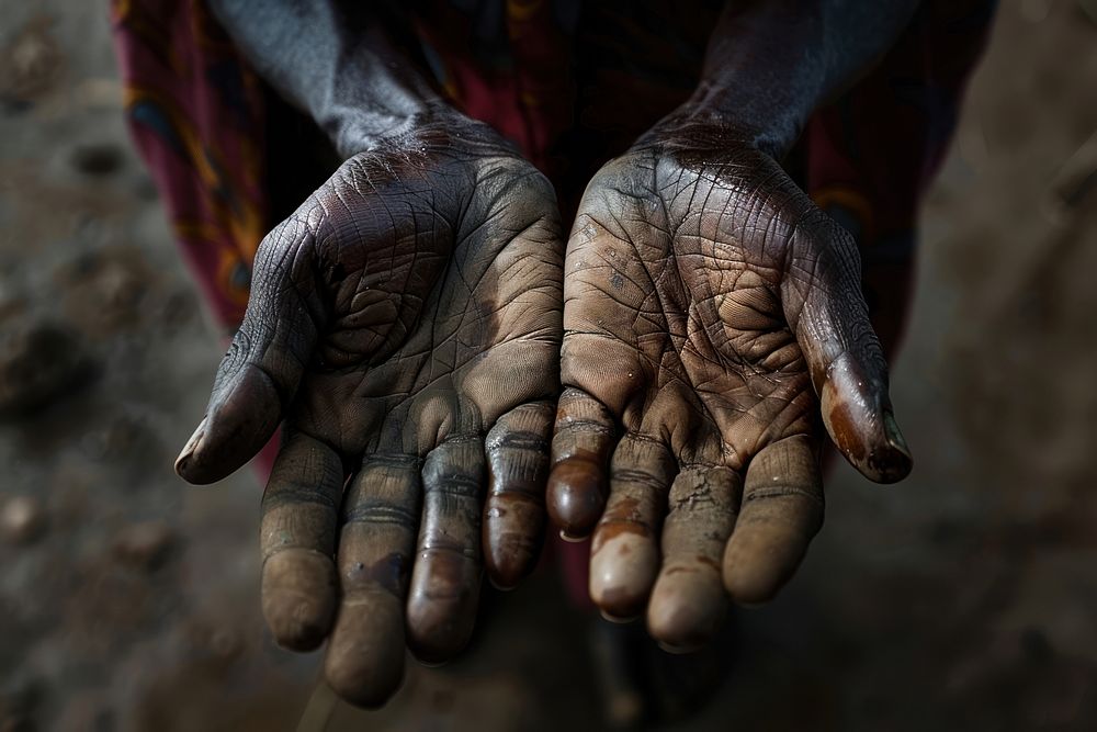 Close-up into the hands of a poor person who opens his hand to beg for alms in an atmosphere of poverty finger human skin.