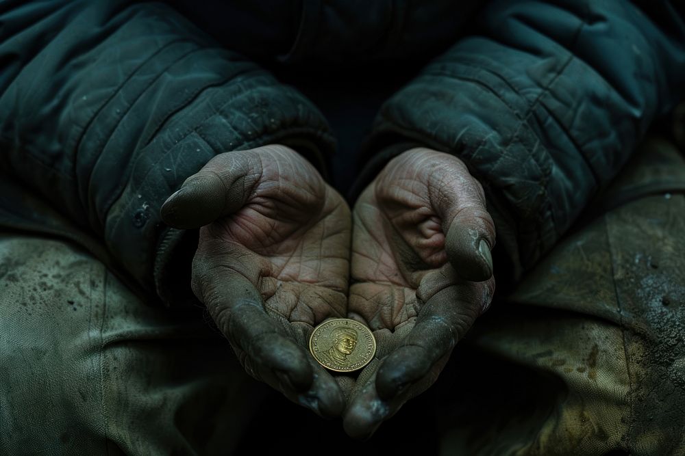 Close-up into a poor hands and a penny in a poverty-stricken atmosphere clothing apparel person.