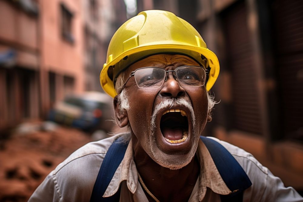 Laborer of different races in street and shouting demands clothing apparel hardhat.