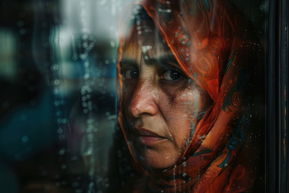 Refugee woman right concept photography portrait worried.