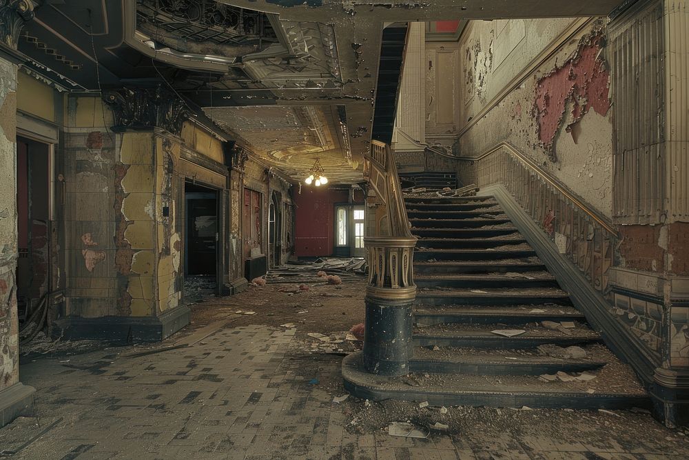 The atmosphere of a luxurious city with decaying areas architecture staircase building.