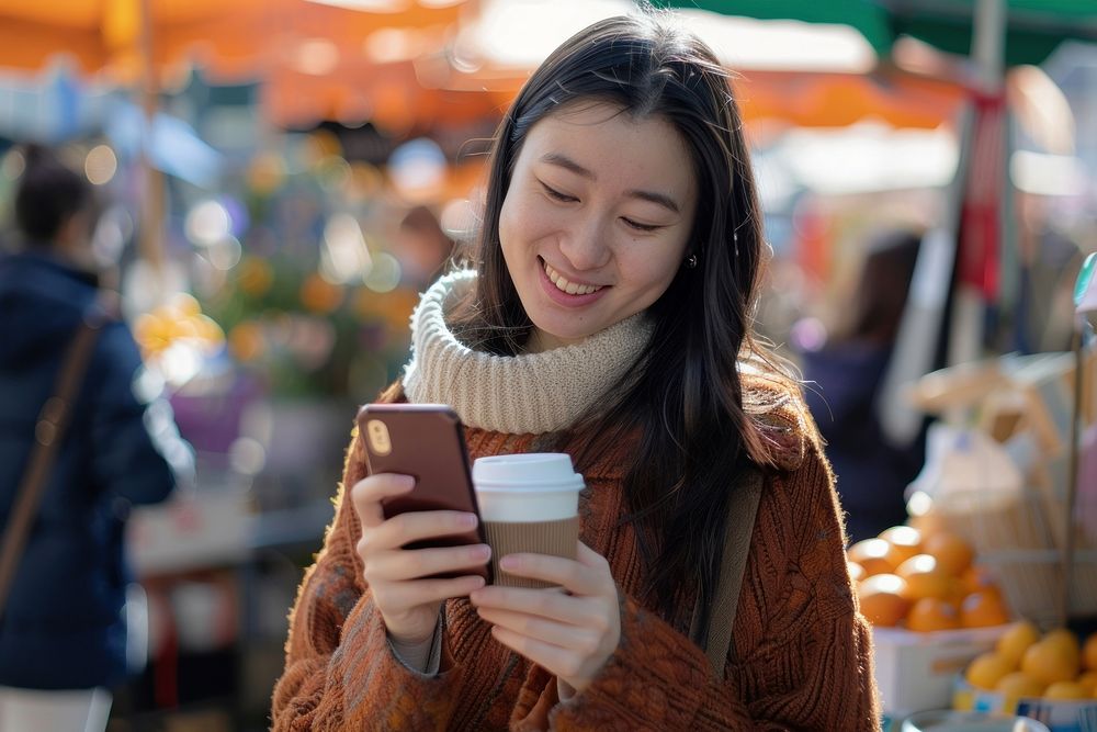 Asian cheerful woman using her smartphone and holding a coffee photo photography electronics.