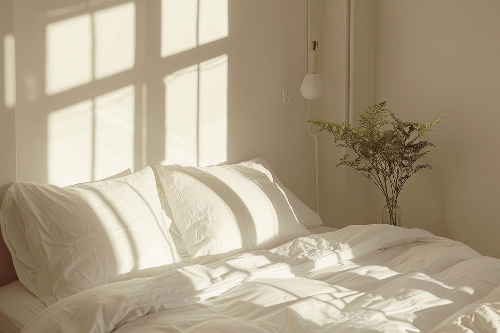 White 4 pillows on bed furniture cushion plant.