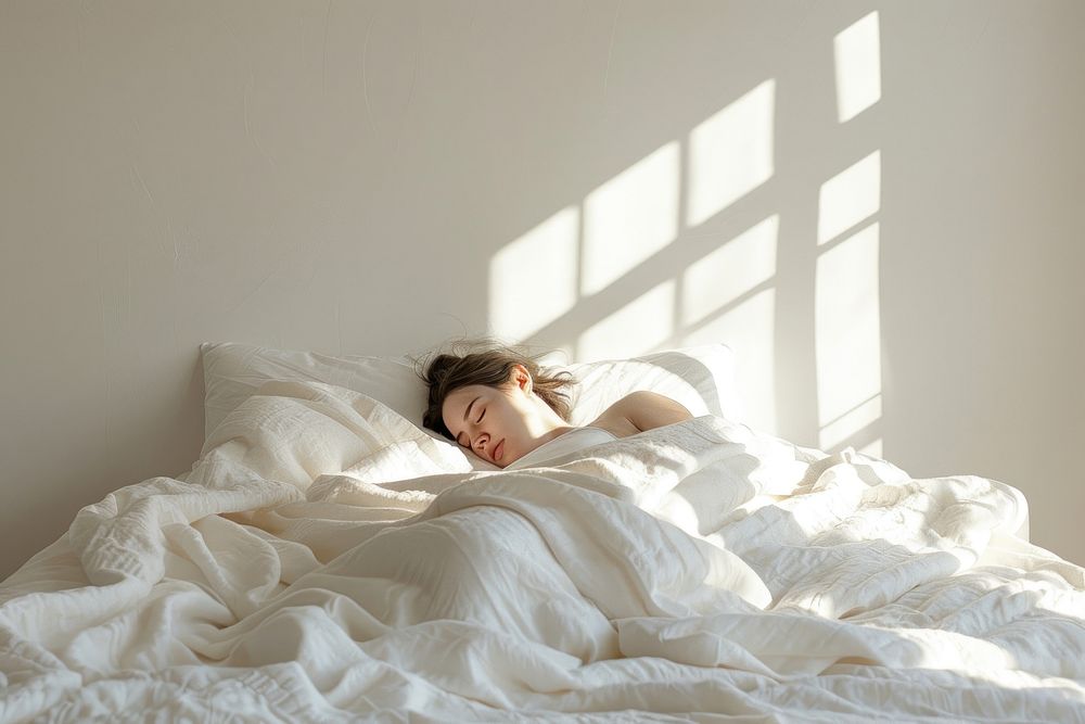 Woman sleep in a bed with white blanket furniture person human.