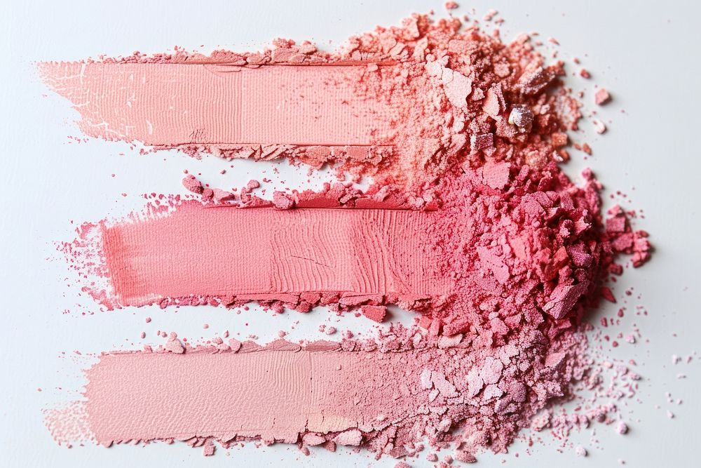 Blush on swatch in 3 shades of pink and coral orange colors cosmetics person human.