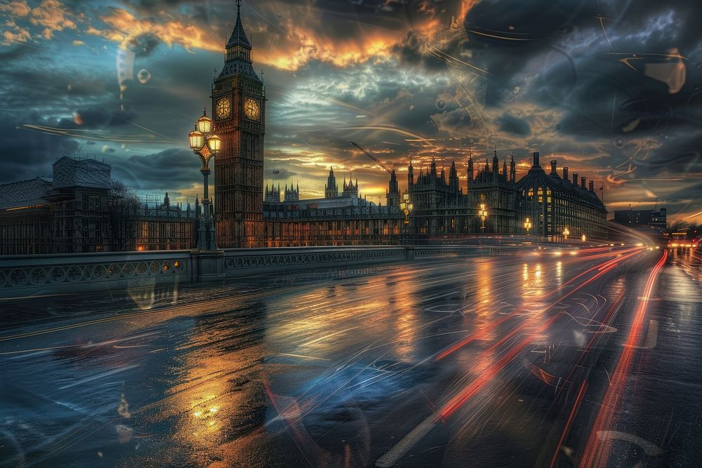 London Big Ben and traffic on Westminster Bridge architecture accessories metropolis.