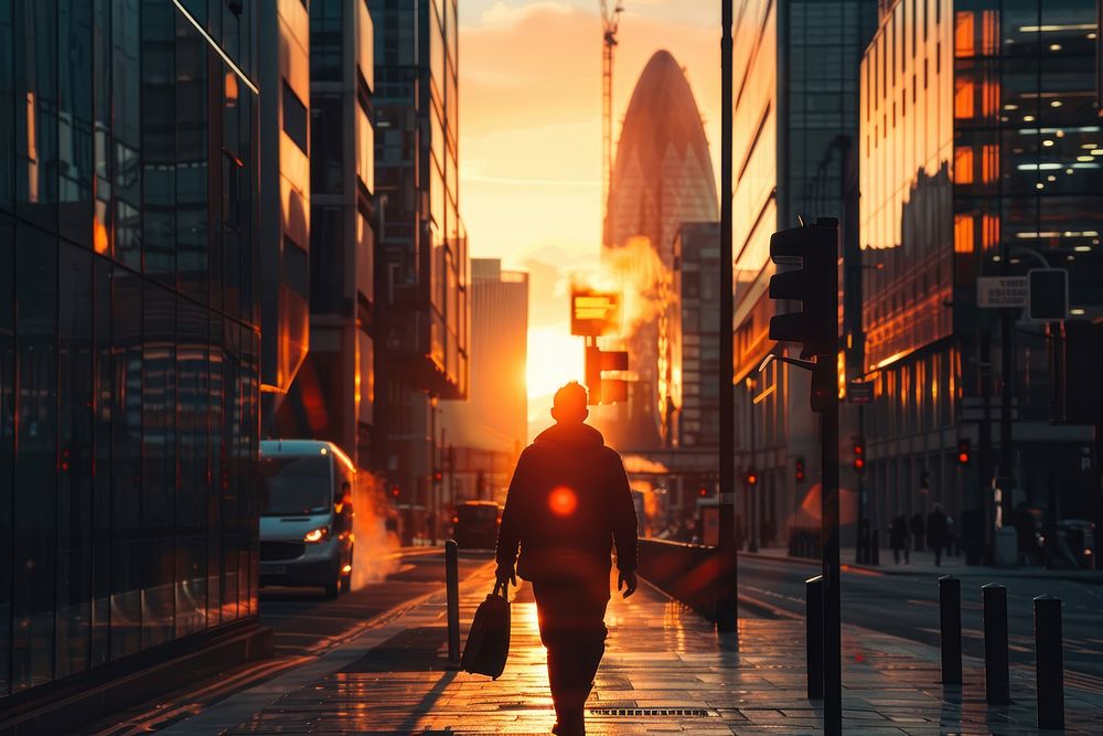 Londoner walking to work through the city at sunrise transportation landmark vehicle.