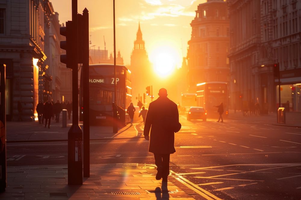 Londoner walking to work through the city at sunrise transportation automobile pedestrian.