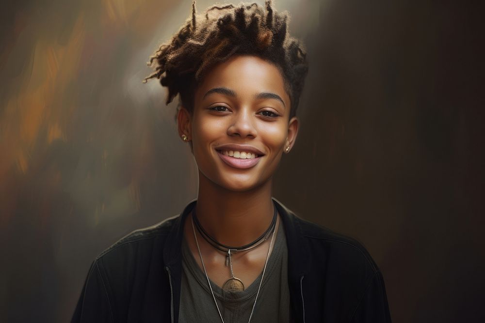 Portrait of a black androgyne people with big smile portrait photo accessories.