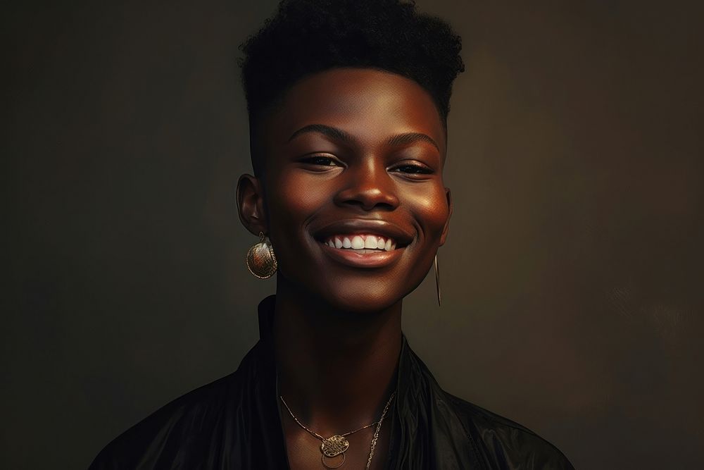 Portrait of a black androgyne people with big smile portrait photo photography.