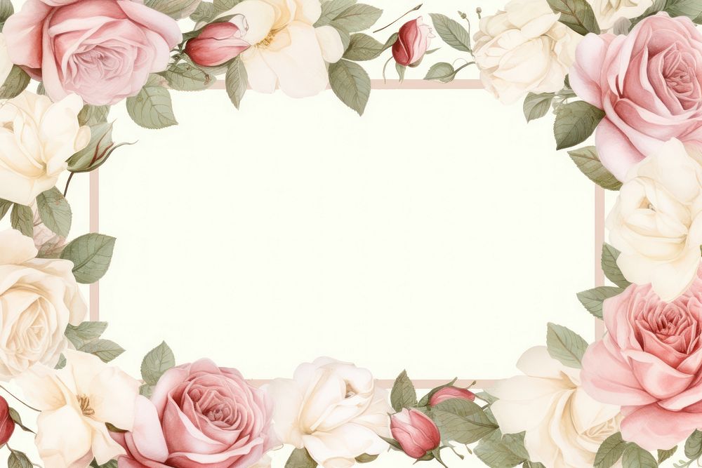 Vintage frame white roses graphics blossom pattern.