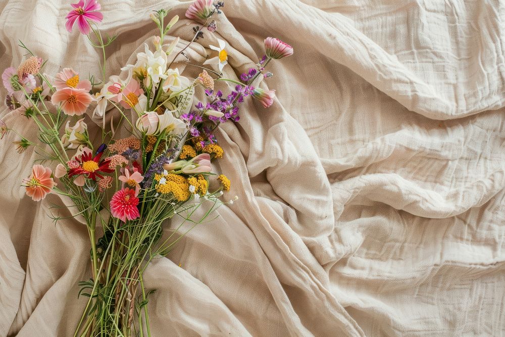 A bouquet of wild flowers on a beige cotton blanket furniture blossom pattern.
