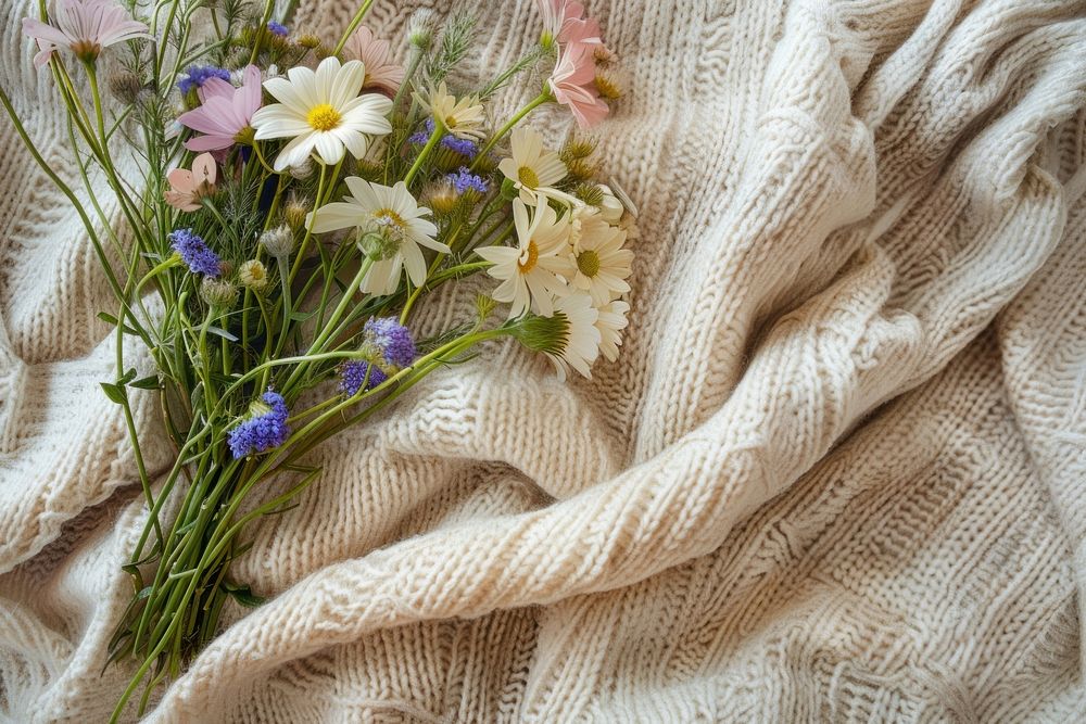 A bouquet of wild flowers on a beige cotton blanket asteraceae clothing knitwear.