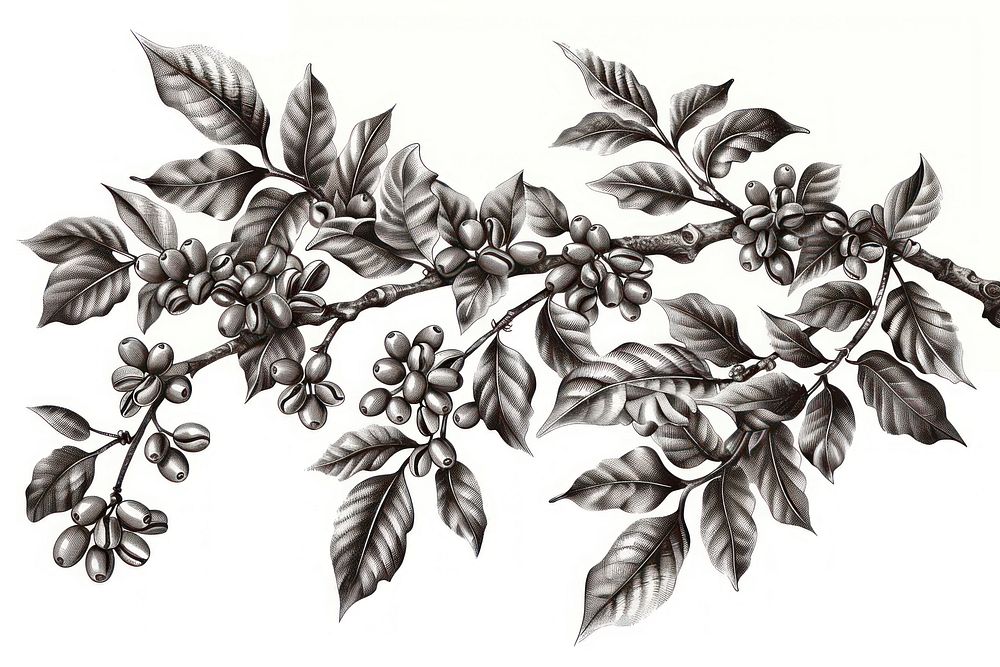 Hand drawn coffee tree branches and beans illustrated graphics drawing.