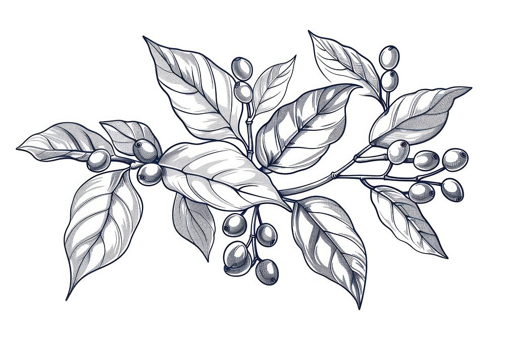 Hand drawn coffee tree branches and beans drawing illustrated graphics.