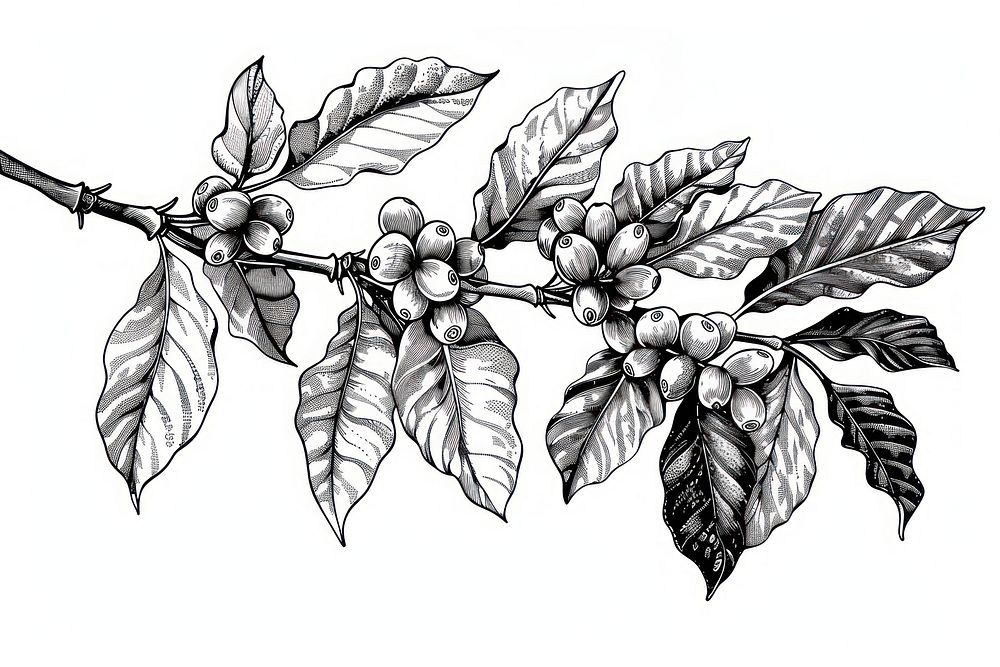 Hand drawn coffee tree branches and beans drawing illustrated sketch.