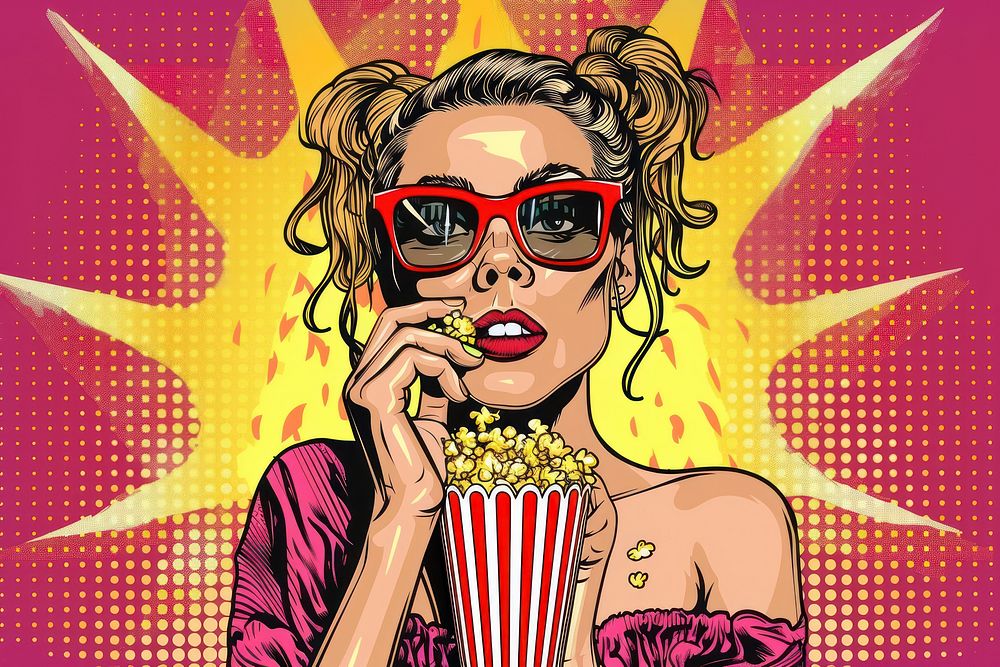 Girl holding popcorn art advertisement accessories.