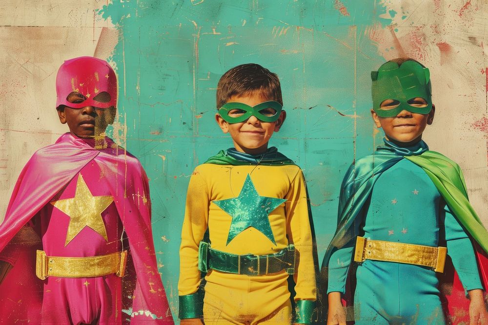 Retro collage of 3 boys wearing superhero outfit accessories sunglasses accessory.